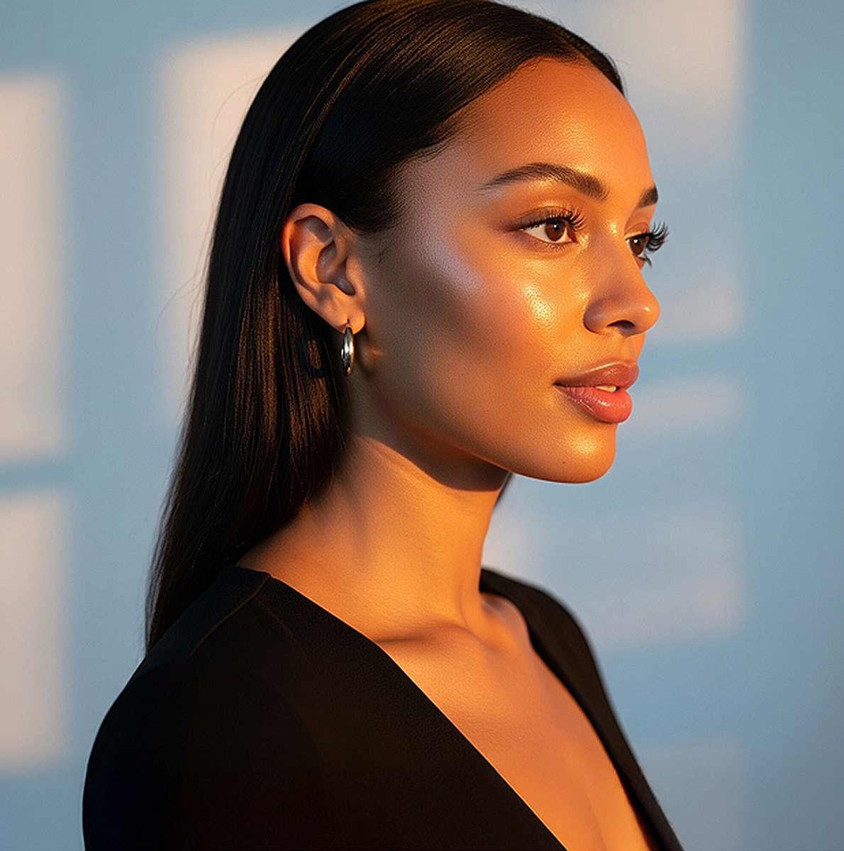 Rancho Santa Margarita Med Spa model with glowing skin and elegant earrings.