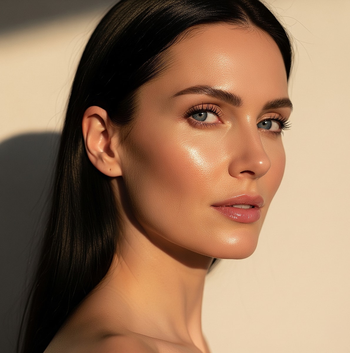 Newport Beach Med Spa model with glowing skin and long dark hair.