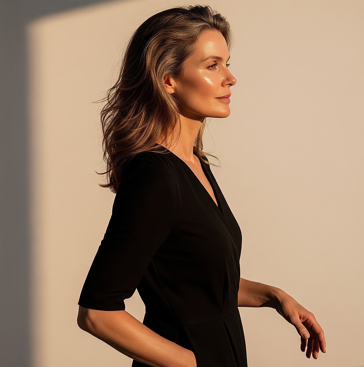 Newport Beach Med Spa model in profile with sunlight highlighting features.